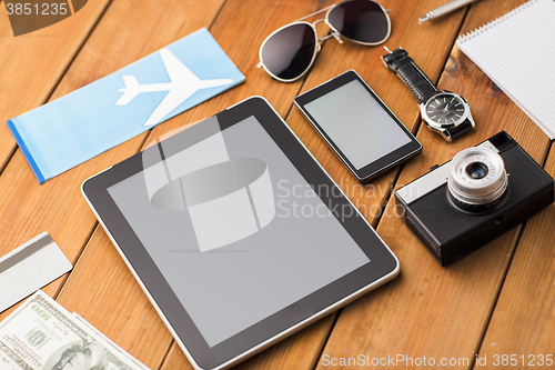 Image of close up of smartphone and travel stuff
