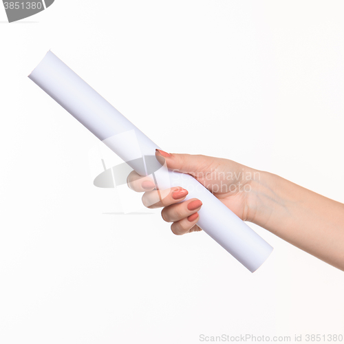 Image of The cylinder female hands on white background