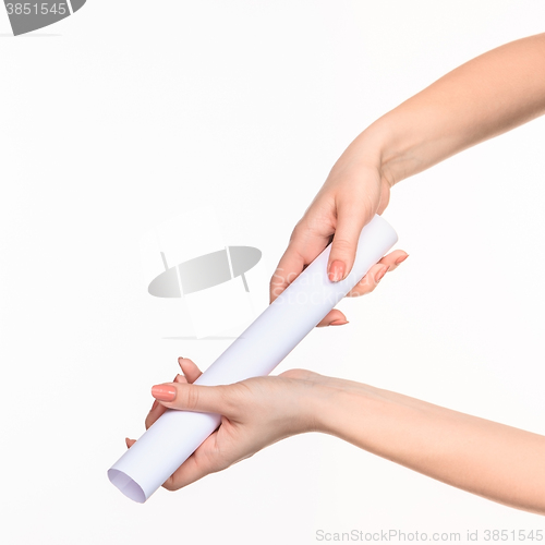 Image of The cylinder female hands on white background