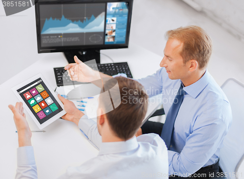 Image of businessmen tablet pc using applications at office