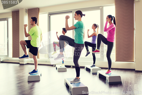 Image of group of people working out with steppers in gym