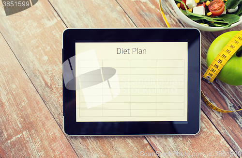 Image of close up of diet plan on tablet pc and food