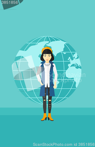 Image of Business woman standing on globe background.