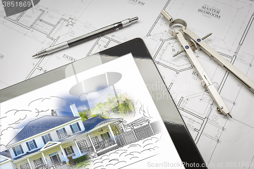 Image of Computer Tablet Showing House Illustration On House Plans, Penci