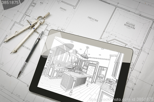 Image of Computer Tablet Showing Kitchen Illustration On House Plans, Pen