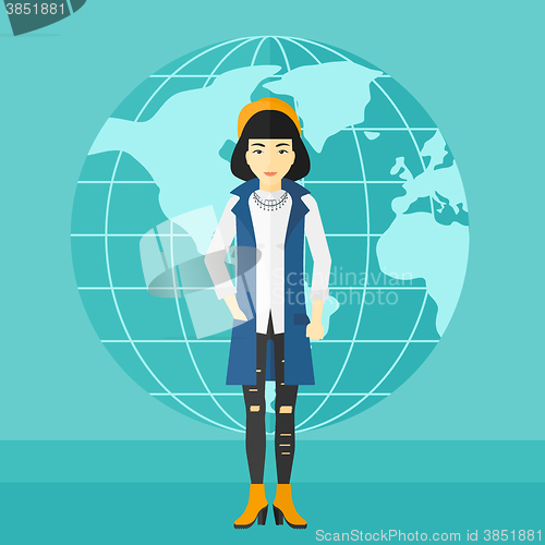 Image of Business woman standing on globe background.