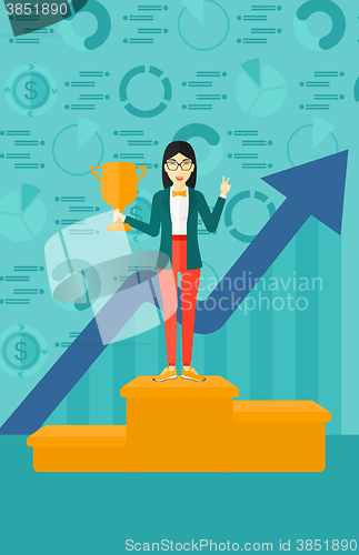 Image of Cheerful woman on pedestal.