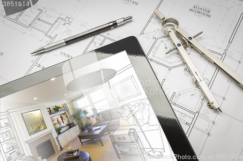 Image of Computer Tablet Showing Room Illustration On House Plans, Pencil