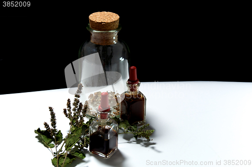 Image of three glass bottles with herbal extracts and dried herbs from ab