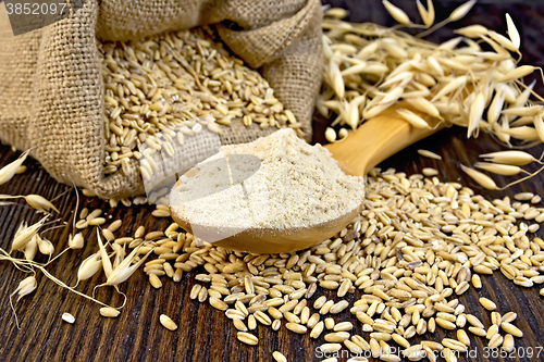 Image of Flour oat in spoon with bag on board