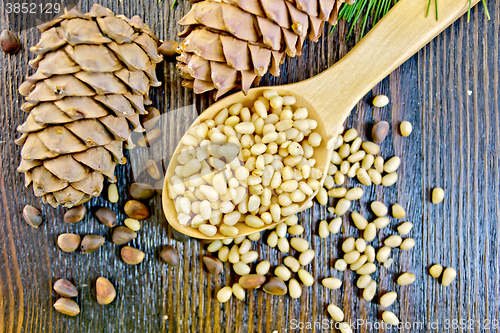 Image of Cedar nuts refined in spoon on board