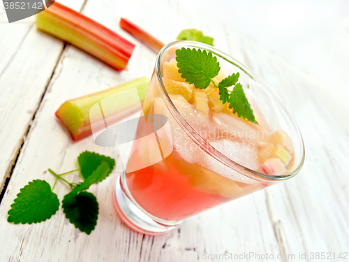 Image of Lemonade with rhubarb and mint in glassful on board