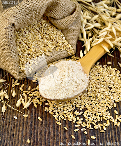 Image of Flour oat in spoon with grains on board