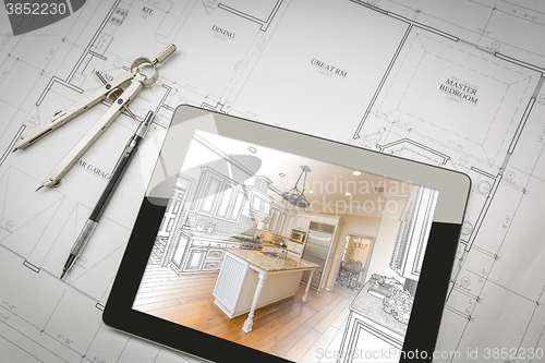 Image of Computer Tablet Showing Kitchen Illustration On House Plans, Pen