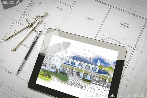 Image of Computer Tablet Showing House Illustration On House Plans, Penci