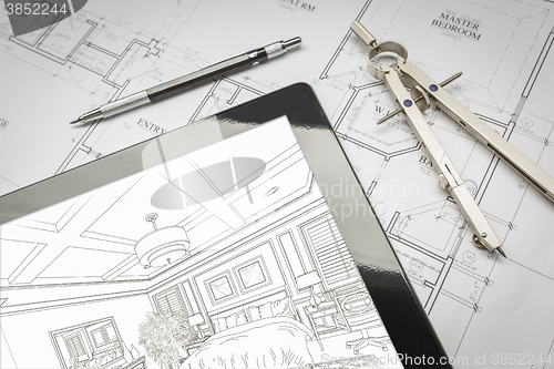 Image of Computer Tablet Showing Room Illustration On House Plans, Pencil