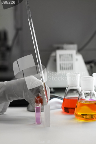 Image of hand holding laboratory flasks and computer mouse