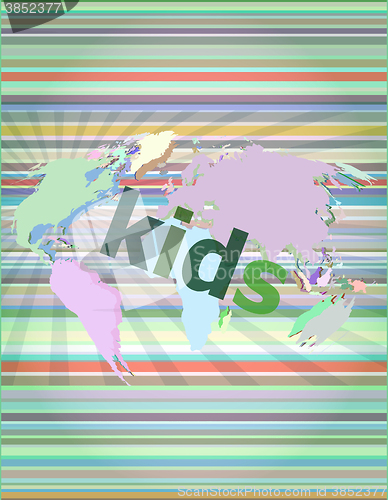 Image of kid word on a virtual digital background, raster vector illustration