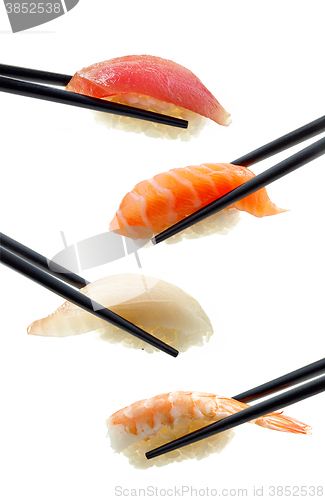 Image of various sushi on white background