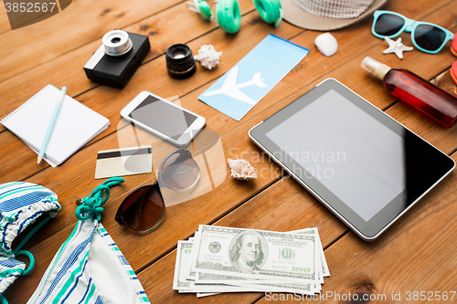 Image of close up of tablet pc and travel stuff