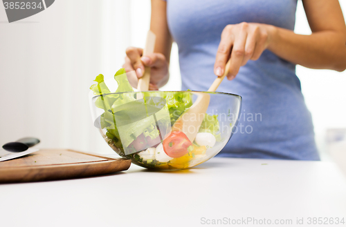 Image of close up of woman cooking vegetable salad at home