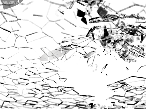 Image of Destructed or broken glass pieces on white background