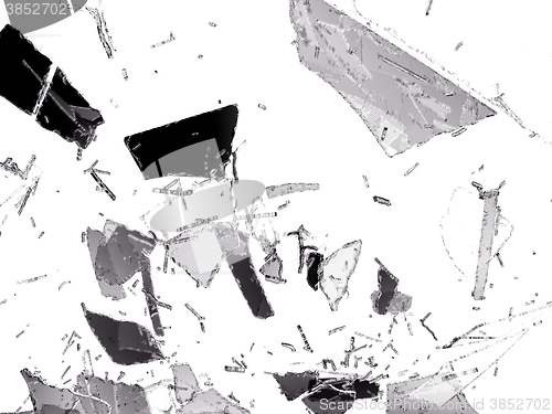 Image of Shattered glass pieces on white background