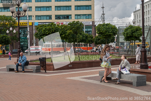 Image of People rest on Victory square. Kaliningrad. Russia