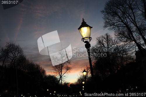 Image of street light at night on the Esplanade in Helsinki, Finland