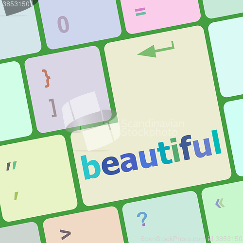 Image of beautiful word on keyboard key, notebook computer button vector illustration