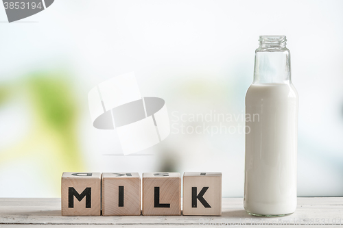 Image of The word milk and a bottle