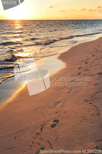 Image of Footprints on sandy beach at sunrise