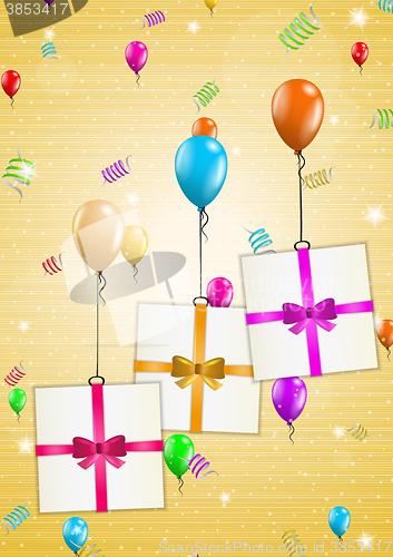 Image of birthday card with balloons and gift