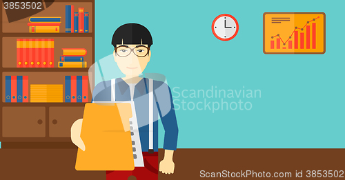 Image of Boss receiving file from employee.