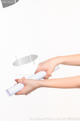 Image of The cylinder female hands on white background