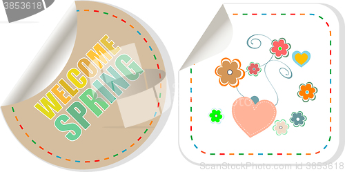 Image of Welcome Spring Holiday Card. Welcome Spring Vector. Welcome Spring web button isolated on white. Spring Holiday Graphic. Welcome Spring Art. Spring Holiday Drawing