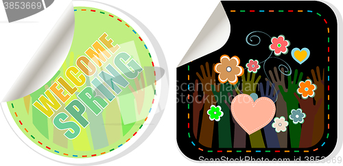 Image of Welcome Spring Holiday Card. Welcome Spring Vector. Welcome Spring web button isolated on white. Spring Holiday Graphic. Welcome Spring Art. Spring Holiday Drawing