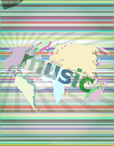 Image of music word, backgrounds touch screen with transparent buttons. concept of a modern internet vector illustration