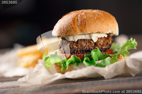 Image of Homemade burger with french fries on wooden table