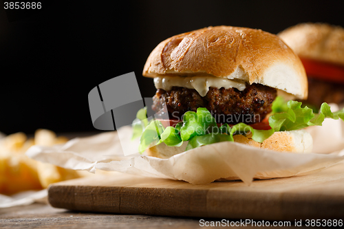 Image of Homemade tasty burger and french fries on wooden table