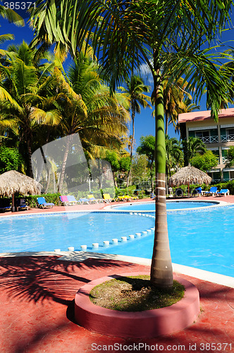 Image of Swimming pool hotel at tropical resort
