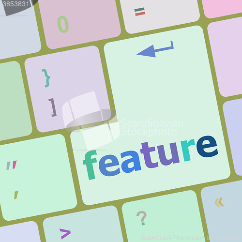 Image of feature word on keyboard key, notebook computer button vector illustration