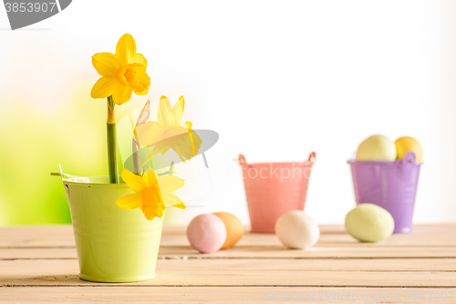 Image of Daffodils in the easter on a wooden table