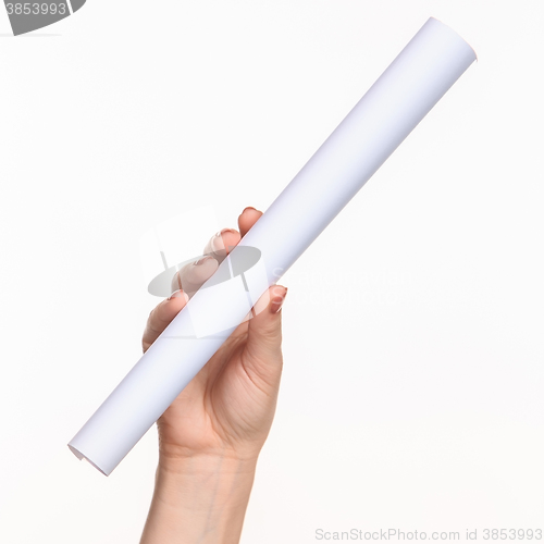 Image of The cylinder female hands on white background