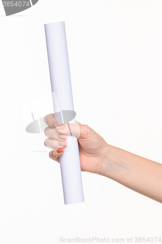 Image of The cylinder female hands on white background