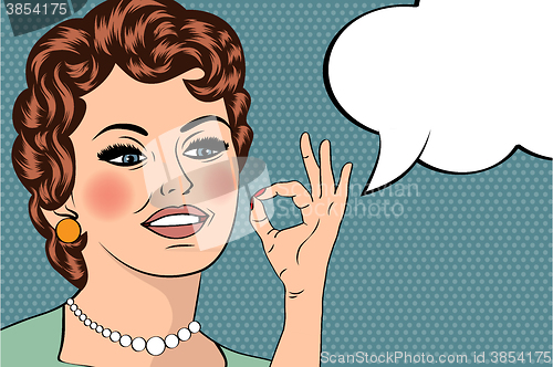 Image of pop art cute retro woman in comics style with OK sign