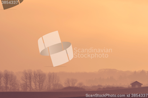 Image of Farm house on a misty field