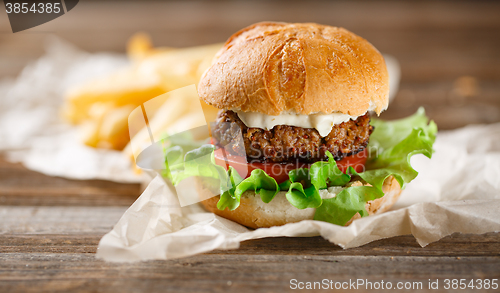 Image of Homemade burger with french fries on wooden table