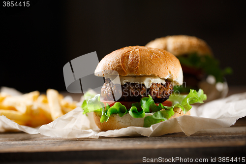 Image of Homemade tasty burger and french fries on wooden table