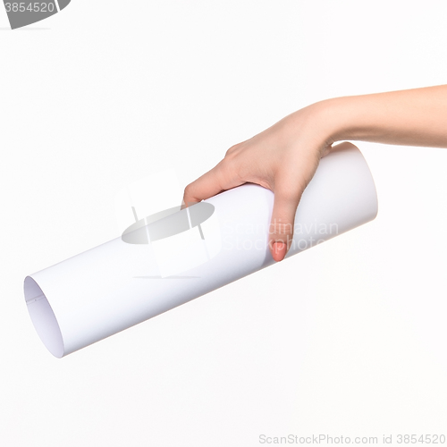 Image of The cylinder female hands on white background